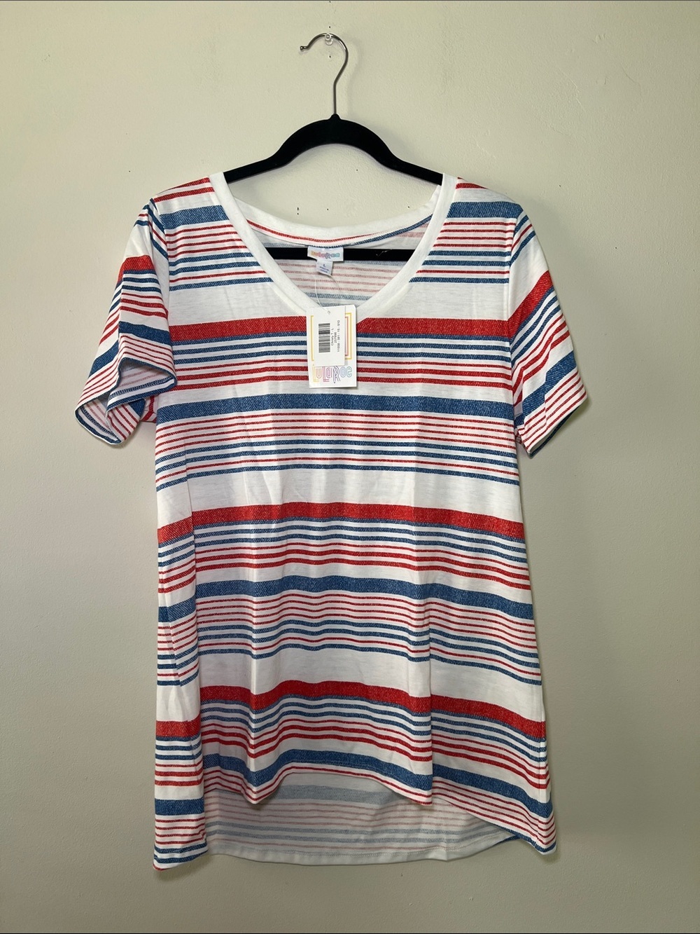 LuLaRoe Christy T Striped V-Neck Tee - Red, Blue & White